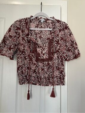 Ann Taylor Mauve and Burgundy Floral Tie-Front Blouse